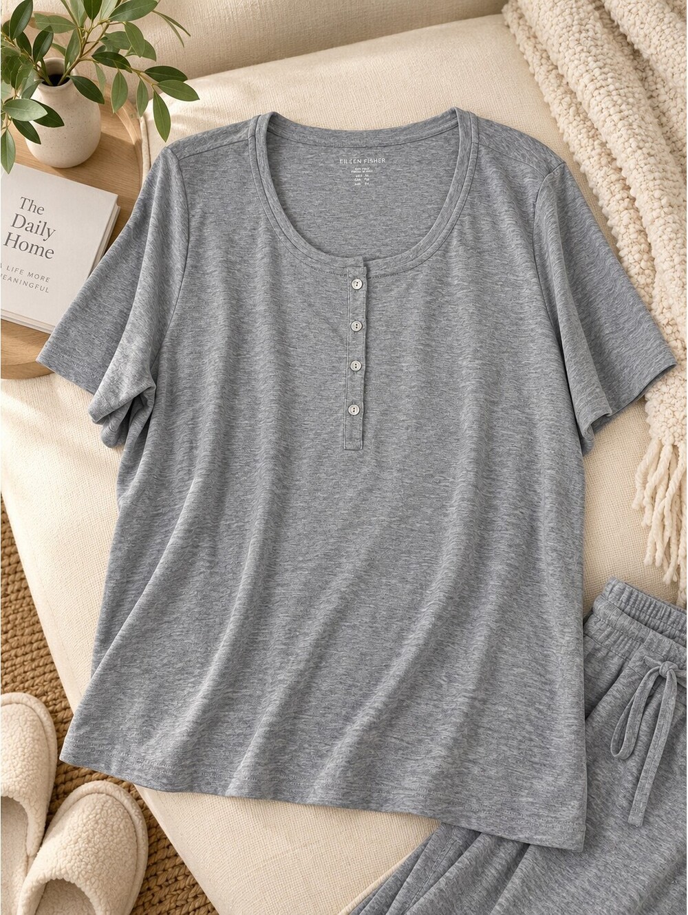 Eileen Fisher Organic Cotton Short Sleeve Henley Top Gray Size XL NWT